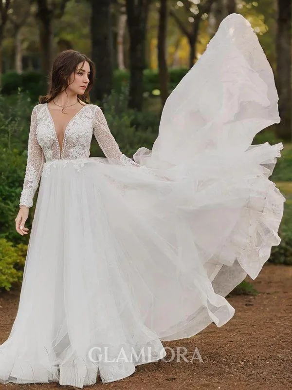 A-line Princess Scoop Long Sleeves Modest Cathedral Train Tulle Wedding Dress