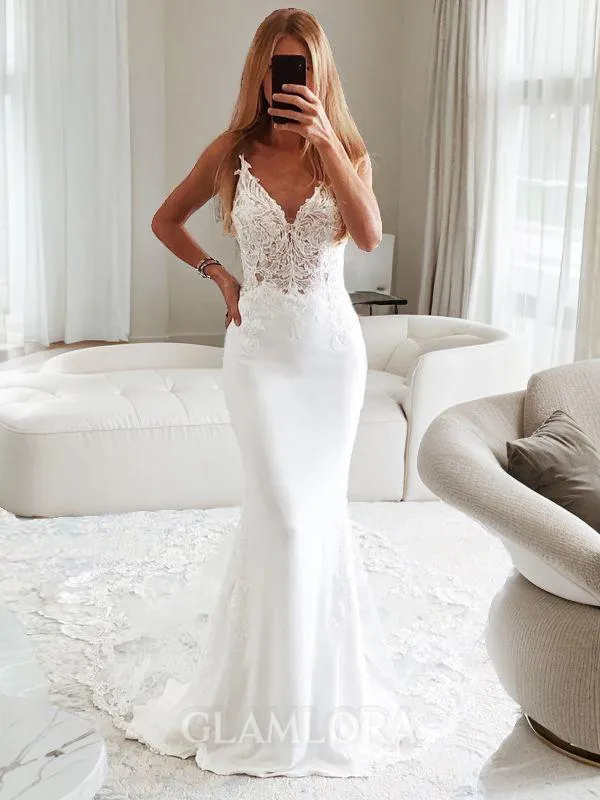 Trumpet/Mermaid V-Neck Sleeveless Cathedral Train Open Back Stretch Crepe Graceful Wedding Dress