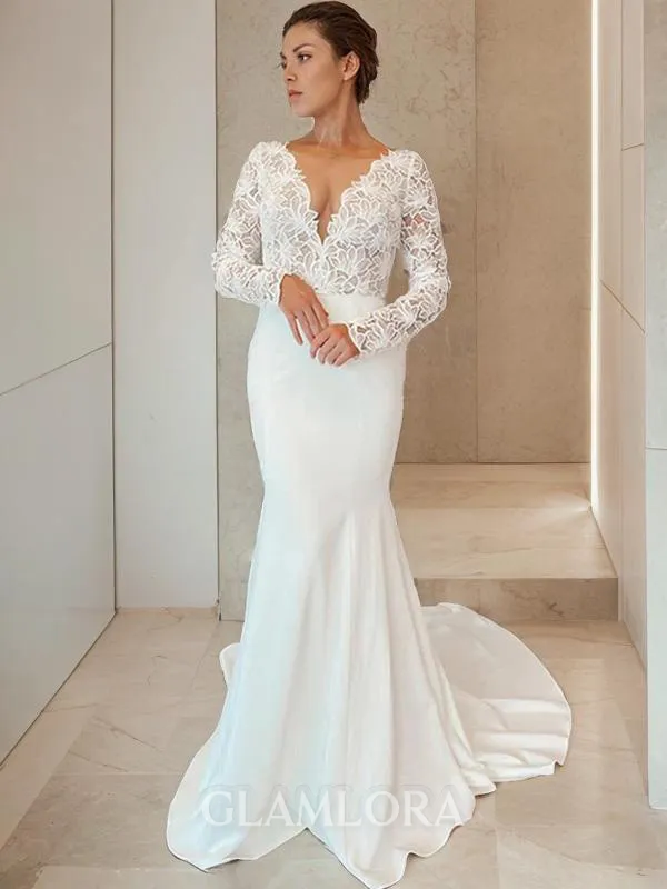 Sheath/Column V-Neck Long Sleeves Graceful Court Train Stretch Crepe Wedding Dress