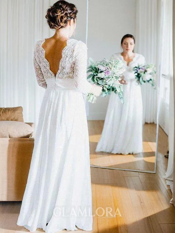 A-line V-Neck Long Sleeves Floor-Length Simple Chiffon Wedding Dress