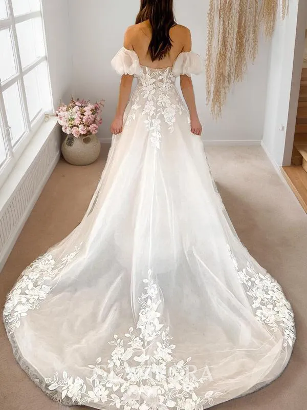 A-line Princess Off-the-Shoulder Beautiful Short Sleeves Chapel Train Tulle Wedding Dress