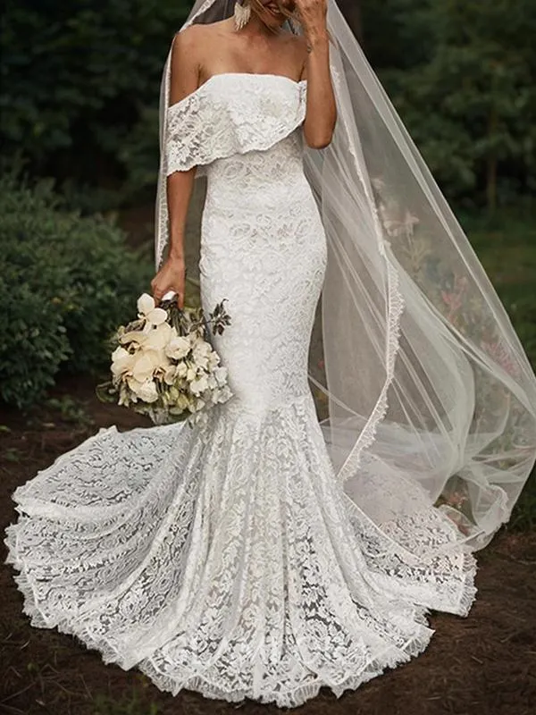 Trumpet/Mermaid Off-the-Shoulder Short Sleeves Elegant Sweep Train Lace Wedding Dress