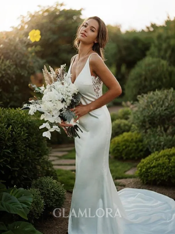 Sheath/Column V-Neck Sleeveless Sweep Train Flattering Silk like Satin Wedding Dress