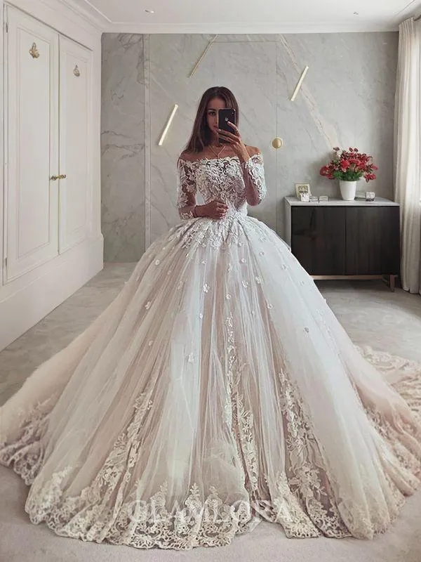 Elegant Ball-Gown Princess Off-the-Shoulder Long Sleeves Chapel Train Tulle Wedding Dress With Applique