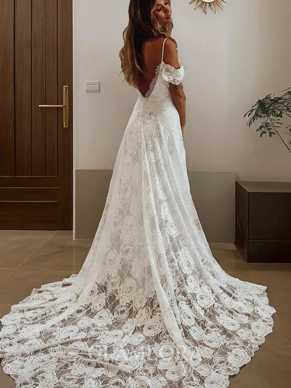 A-line Delicate V-Neck Sleeveless Chapel Train Lace Wedding Dress