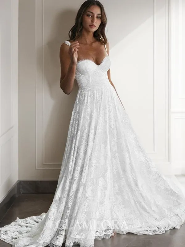 A-line Straps Balanced Sleeveless Sweep Train Lace Wedding Dress