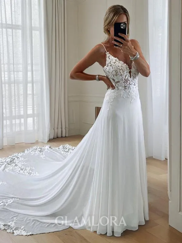 A-line V-Neck Sleeveless Chapel Train Refined Open Back Chiffon Wedding Dress