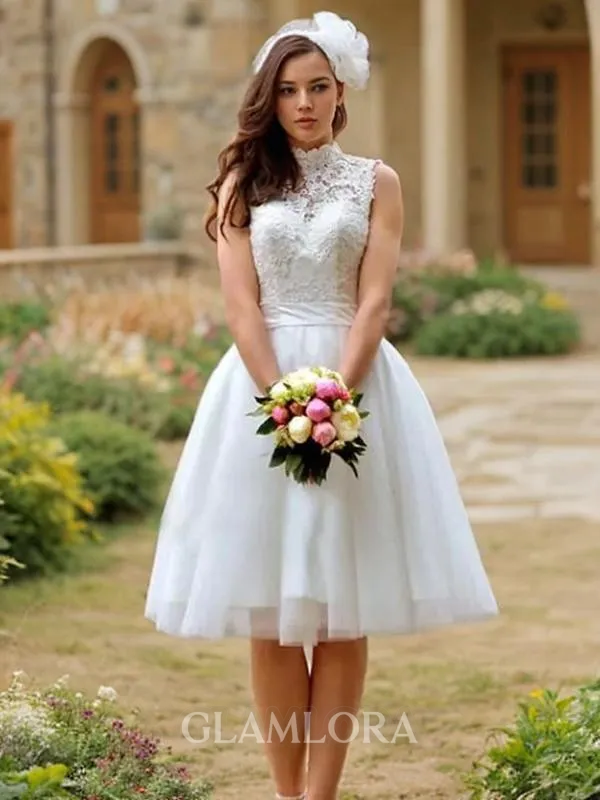 A-line Princess High Neck Sleeveless Knee-Length Stunning Tulle Wedding Dress