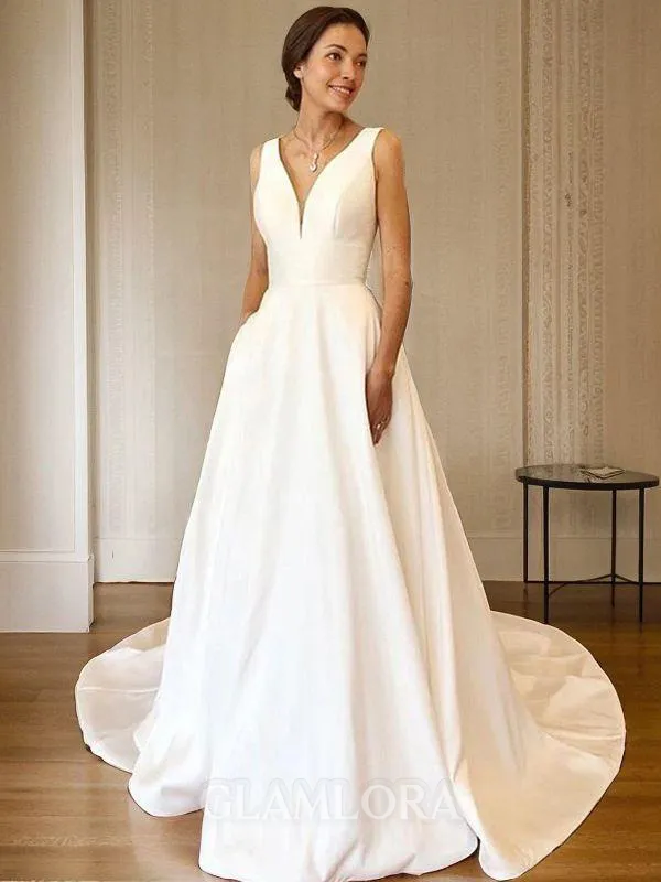 Charming A-line V-Neck Sleeveless Sweep Train Satin Wedding Dress