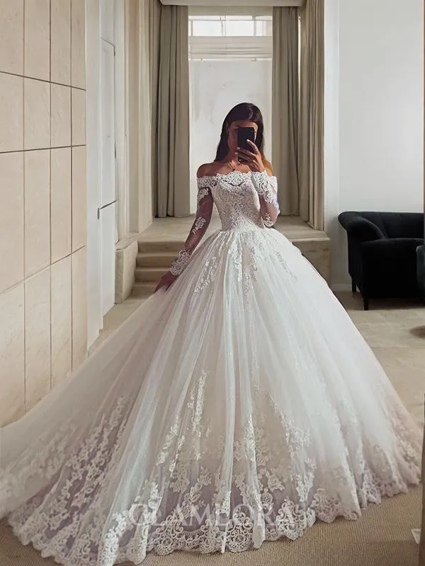 Ball-Gown Princess Off-the-Shoulder Dreamy Long Sleeves Court Train Tulle Wedding Dress With Applique