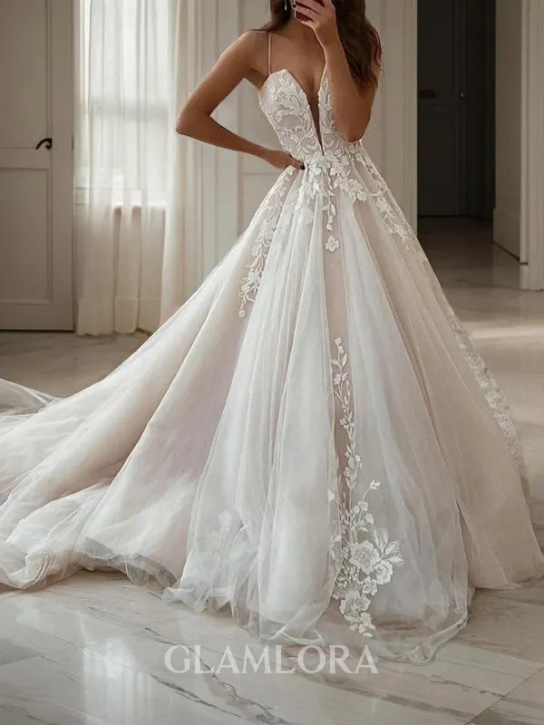 A-line V-Neck Sleeveless Delicate Sweep Train Lace Wedding Dress