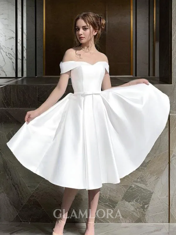 Dazzling A-line Off-the-Shoulder Sleeveless Knee-Length Satin Wedding Dress