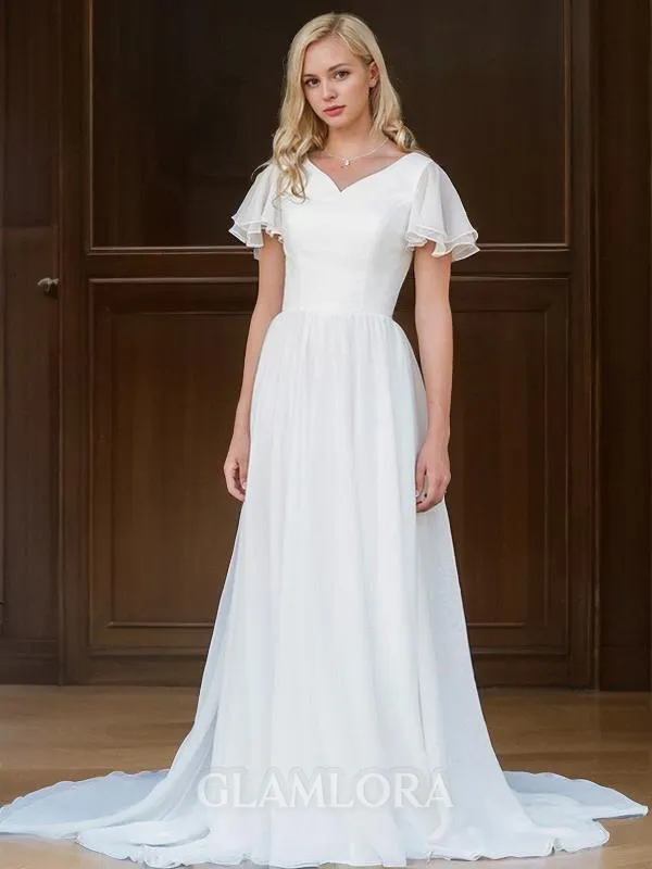 A-line V-Neck Short Sleeves Sweep Train Graceful Chiffon Wedding Dress