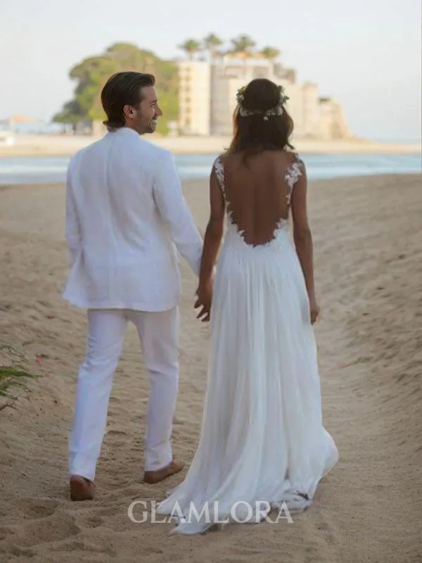 A-line Spaghetti Straps Sleeveless Sweep Train Open Back Chiffon Elegant Wedding Dress With Lace