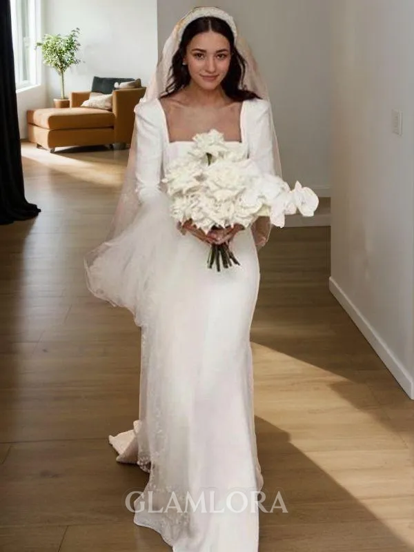 Crisp Sheath/Column Square Long Sleeves Sweep Train Stretch Crepe Wedding Dress