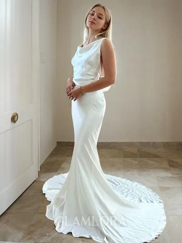 Sheath/Column Scoop Sleeveless Court Train Silk like Satin Snug Wedding Dress