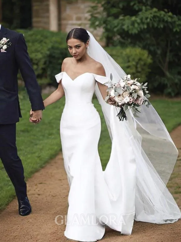 Sheath/Column Classy Off-the-Shoulder Sleeveless Sweep Train Satin Wedding Dress