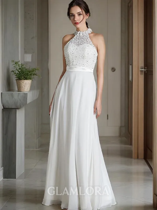 A-line Scoop Sleeveless Floor-Length Sophisticated Chiffon Wedding Dress