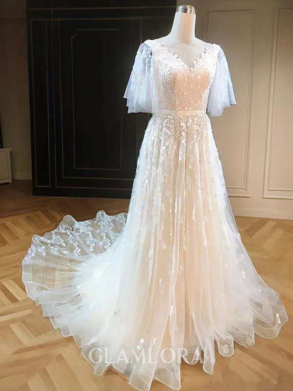 A-line Princess V-Neck Short Sleeves Sweep Train Tulle Flowing Wedding Dress With Applique