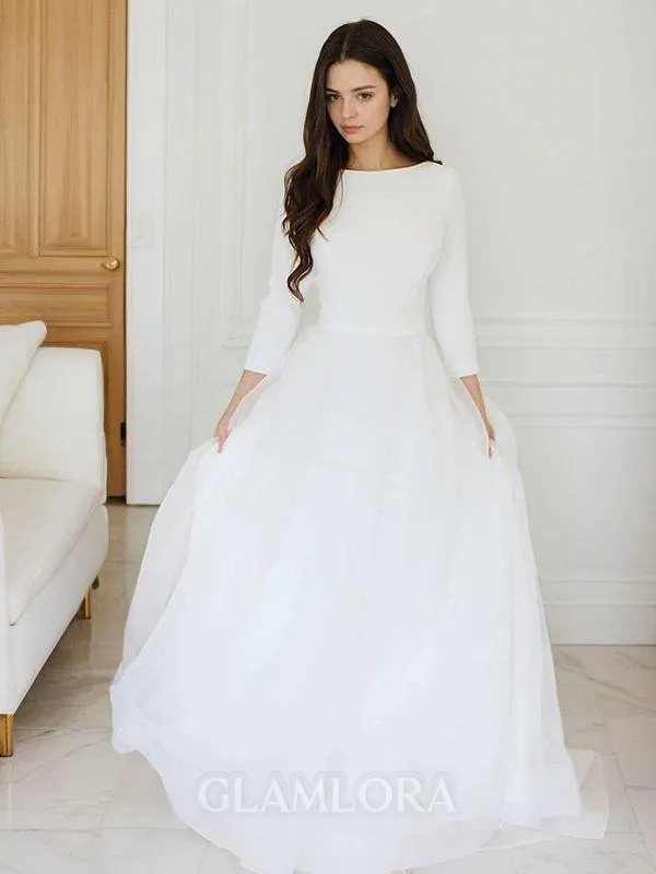 Feminine A-line Princess Scoop Long Sleeves Floor-Length Tulle Wedding Dress With Ruffles