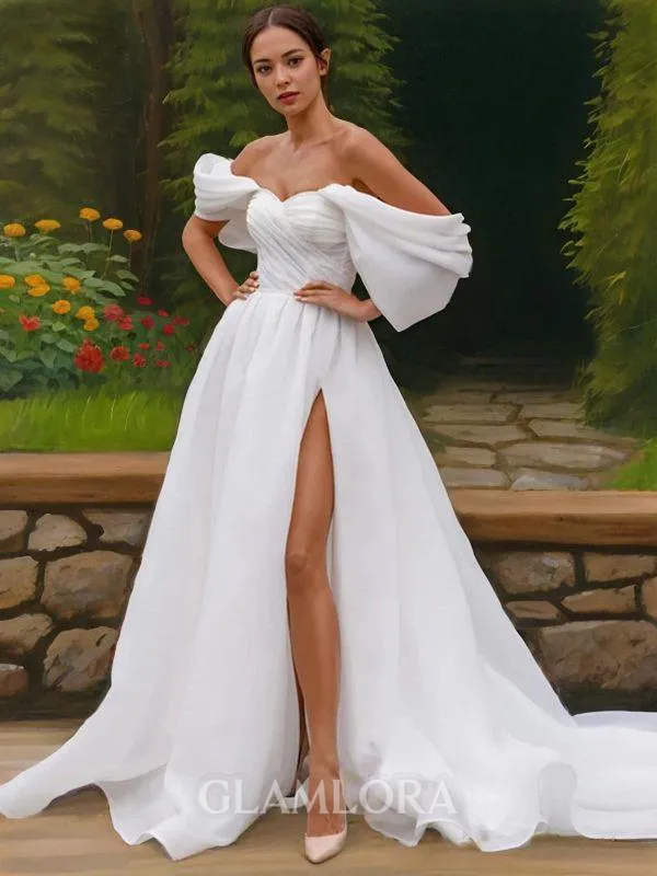 A-line Off-the-Shoulder Sleeveless Sweep Train Delicate Satin Wedding Dress