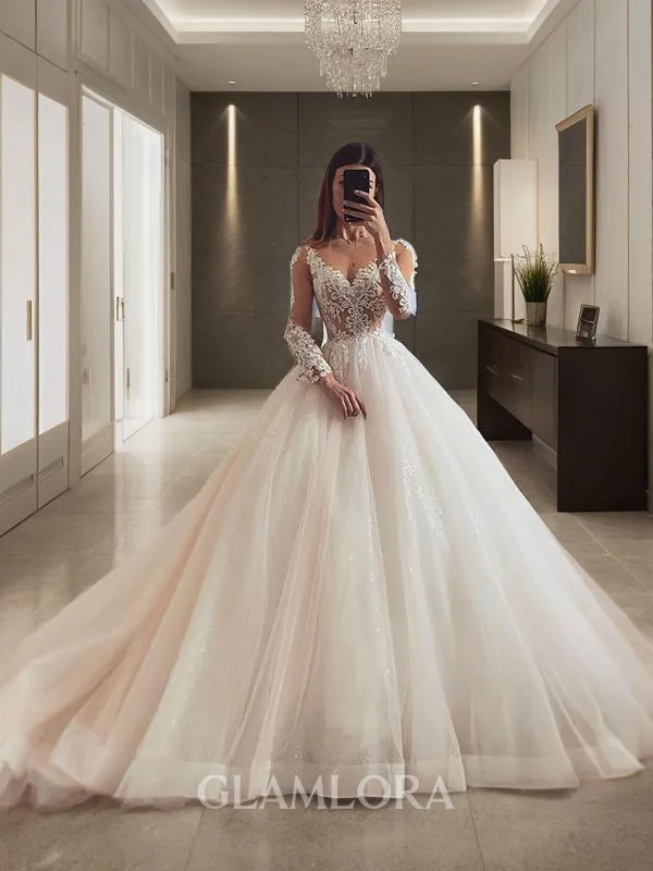 Ball-Gown V-Neck Long Sleeves Court Train Organza Flowy Wedding Dress With Applique