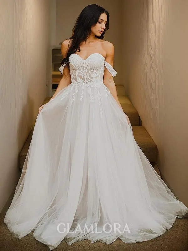 Balanced A-line Princess Off-the-Shoulder Sleeveless Sweep Train Tulle Wedding Dress