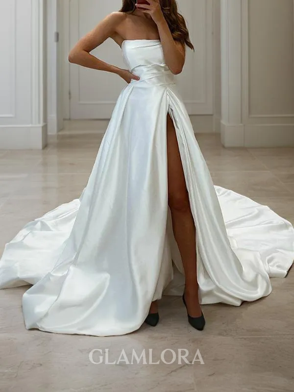 A-line Strapless Sleeveless Elegant Sweep Train Satin Wedding Dress