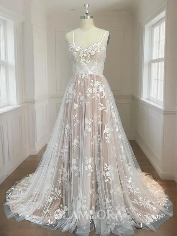 A-line Sweetheart Sleeveless Sweep Train Charming Lace Wedding Dress
