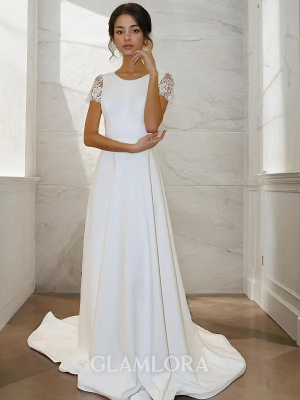 A-line Scoop Short Sleeves Sweep Train Stretch Crepe Glam Wedding Dress