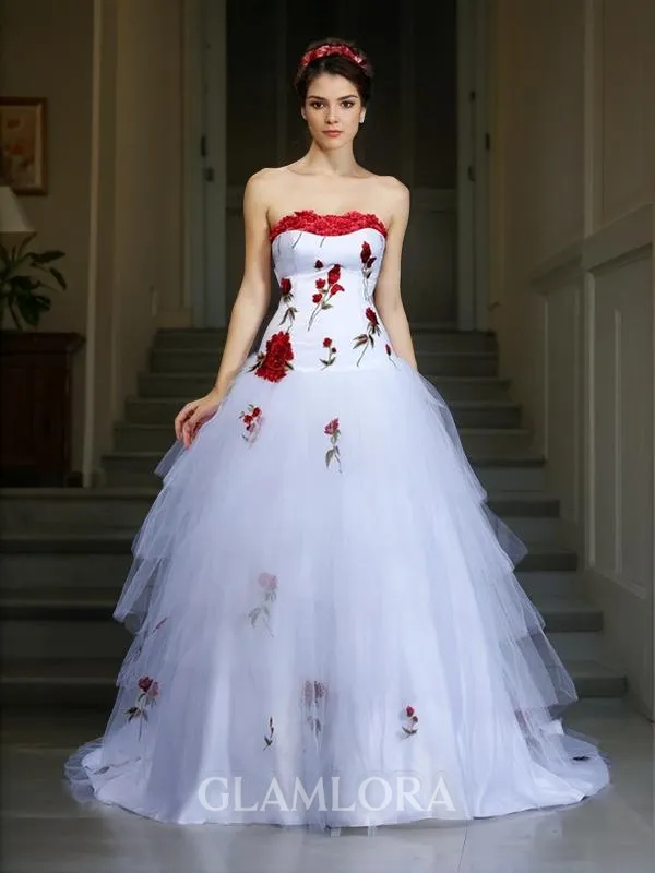 Opulent Ball-Gown Strapless Sleeveless Court Train Satin Wedding Dress With Hand-Made Flower
