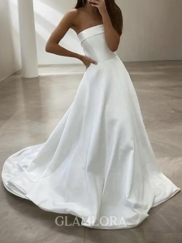A-line Dazzling Strapless Sleeveless Sweep Train Satin Wedding Dress