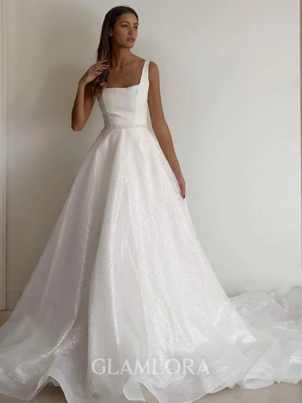 A-line Square Classy Sleeveless Chapel Train Wedding Dress