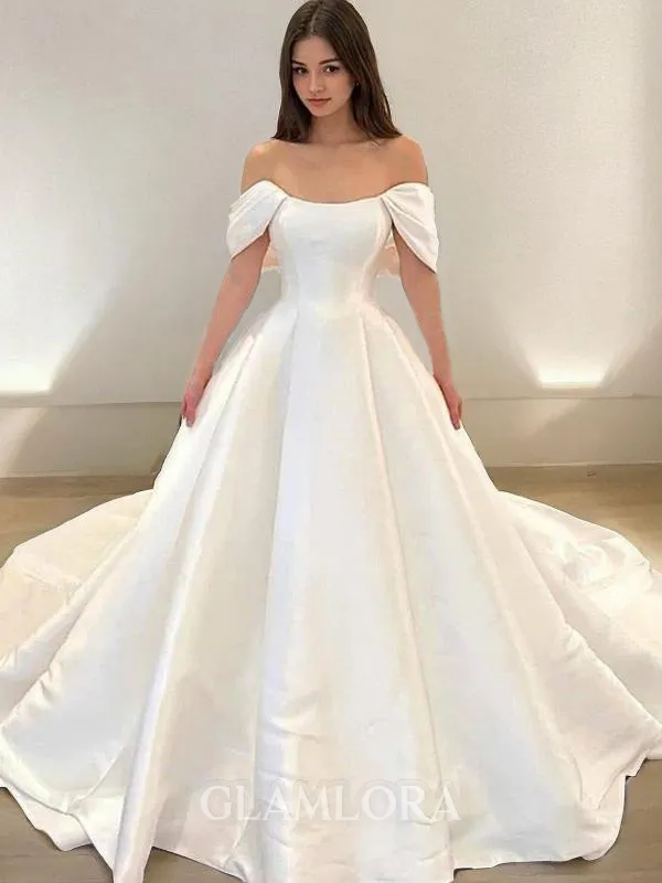 A-line Off-the-Shoulder Short Sleeves Flattering Sweep Train Satin Wedding Dress
