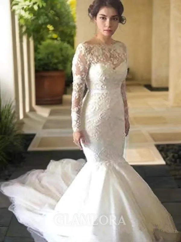 A-line Princess Bateau Long Sleeves Court Train Tulle Elegant Wedding Dress