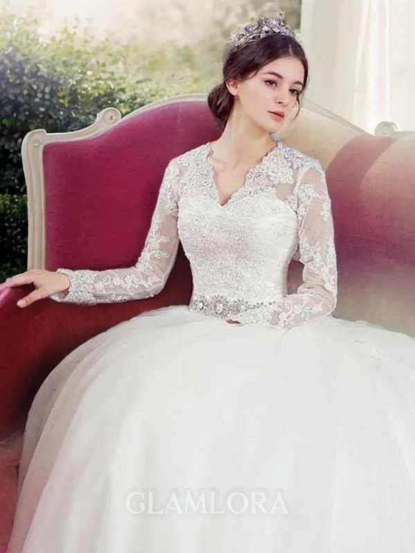 Classic A-line Princess V-Neck Long Sleeves Cathedral Train Tulle Wedding Dress With Applique