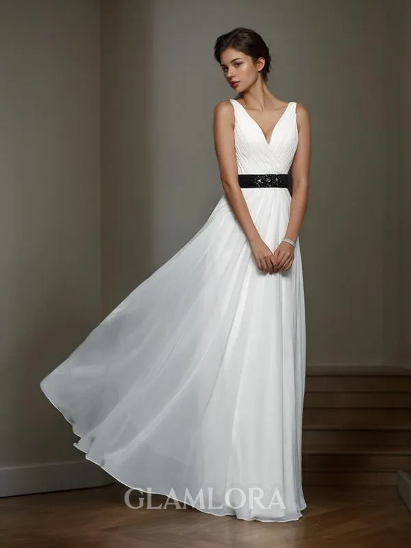 A-line Timeless V-Neck Sleeveless Floor-Length Chiffon Wedding Dress With Sash