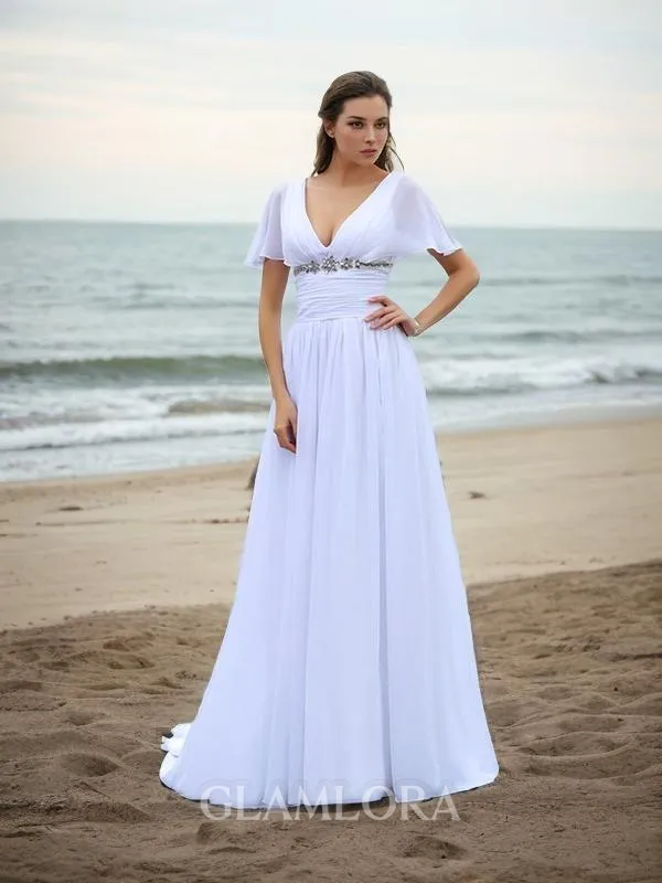 A-line V-Neck Modest Short Sleeves Sweep Train Chiffon Wedding Dress With Ruffles
