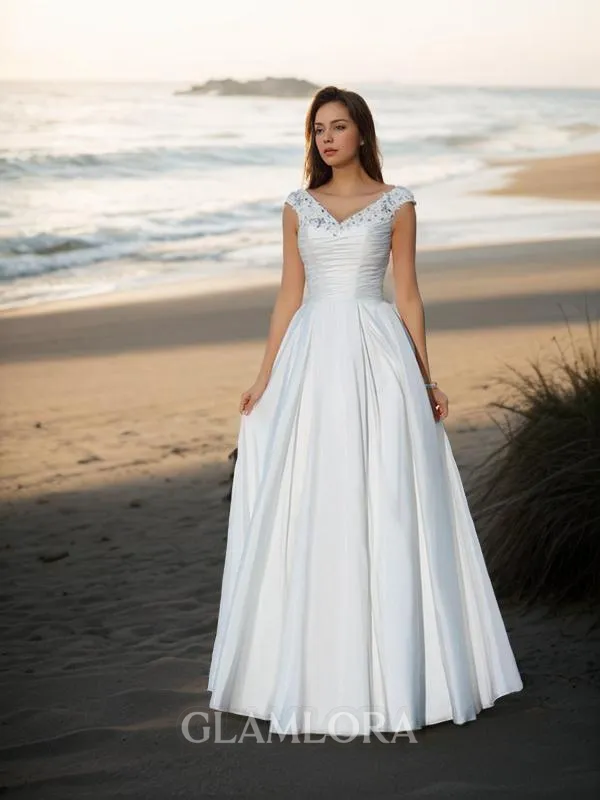 A-line V-Neck Sleeveless Chic Floor-Length Taffeta Wedding Dress With Beading