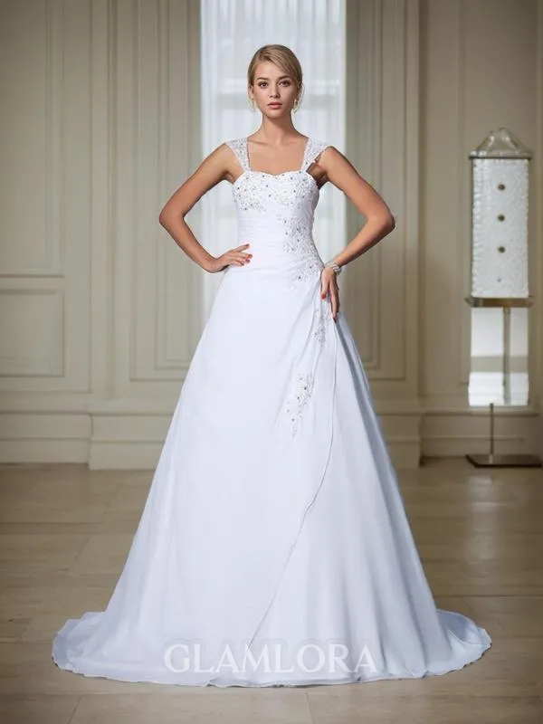 Ball-Gown Straps Sleeveless Court Train Grand Chiffon Wedding Dress With Applique