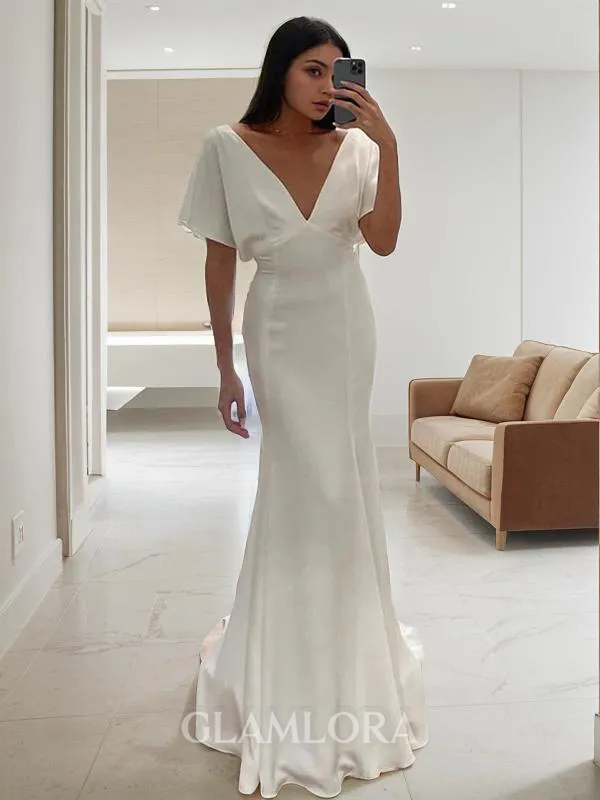 Slinky Sheath/Column V-Neck Short Sleeves Sweep Train Charmeuse Wedding Dress