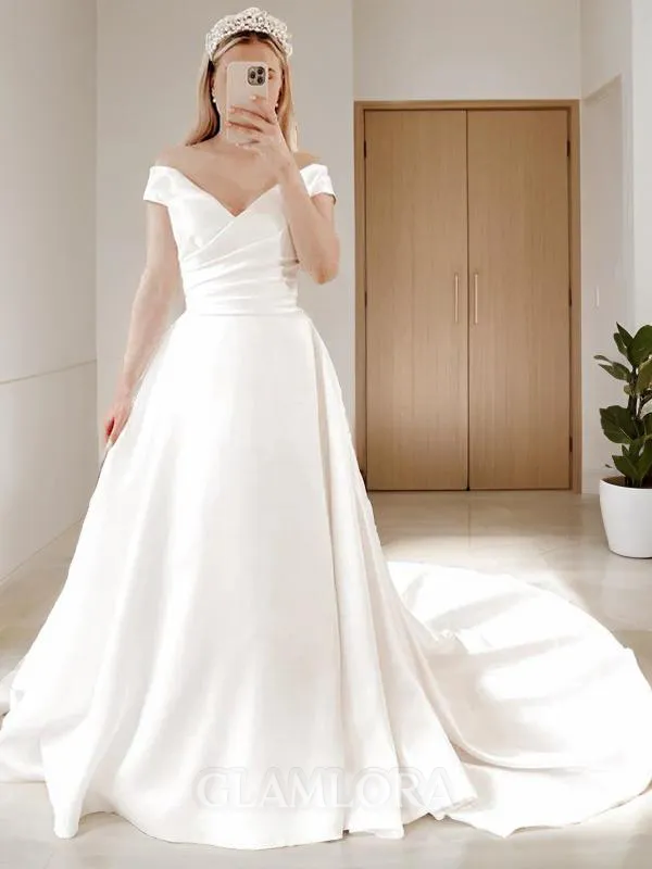A-line Simple V-Neck Sleeveless Court Train Satin Wedding Dress