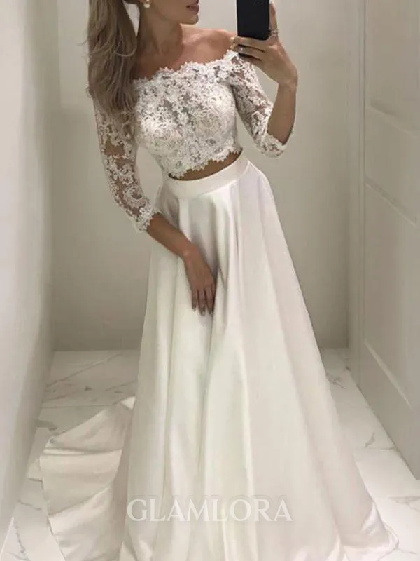 A-line Off-the-Shoulder 3/4 Sleeves Court Train Feminine Satin Wedding Dress With Applique