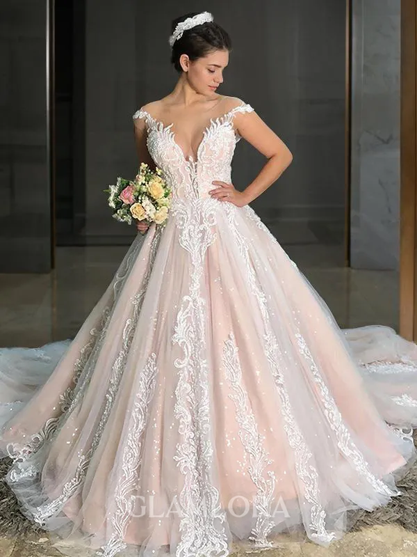 Ball-Gown Princess Scoop Sleeveless Court Train Majestic Tulle Wedding Dress With Applique