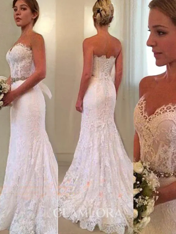 Trumpet/Mermaid Sweetheart Sleeveless Sweep Train Lace Figure-hugging Wedding Dress With Applique