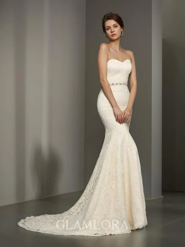 Trumpet/Mermaid Sweetheart Enchanting Sleeveless Chapel Train Lace Wedding Dress With Bowknot