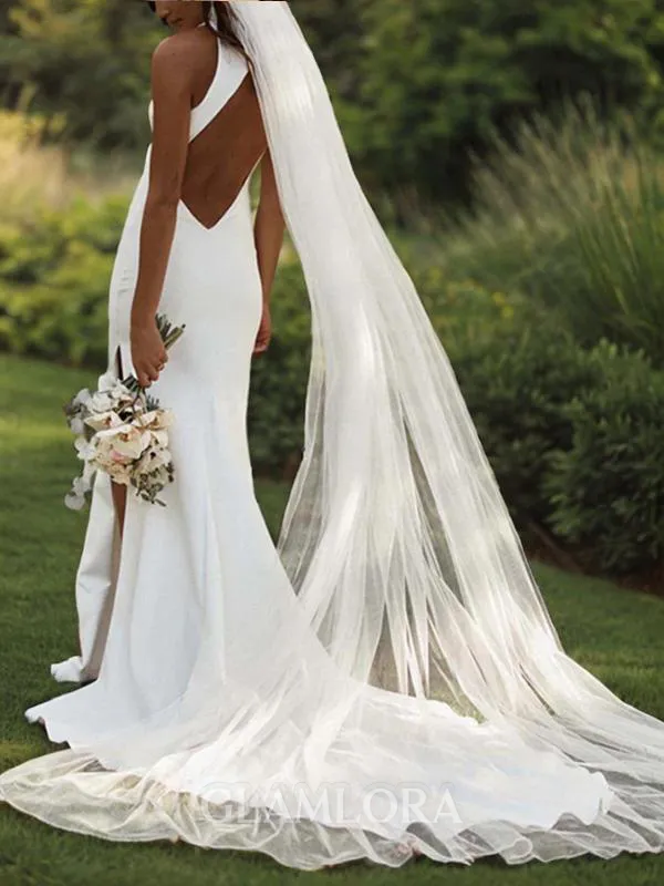 Sheath/Column Halter Sleeveless Va-va-voom Sweep Train Open Back Stretch Crepe Wedding Dress