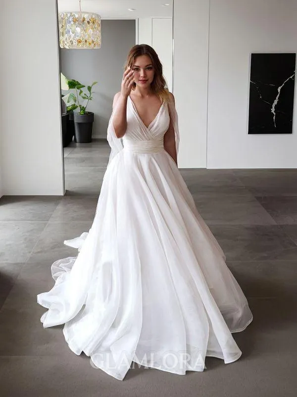 A-line V-Neck Sleeveless Sweep Train Open Back Subtle Organza Wedding Dress