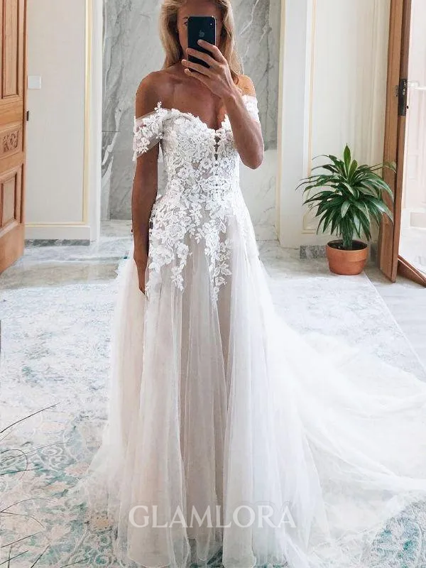 A-line Princess Balanced Off-the-Shoulder Sleeveless Cathedral Train Tulle Wedding Dress