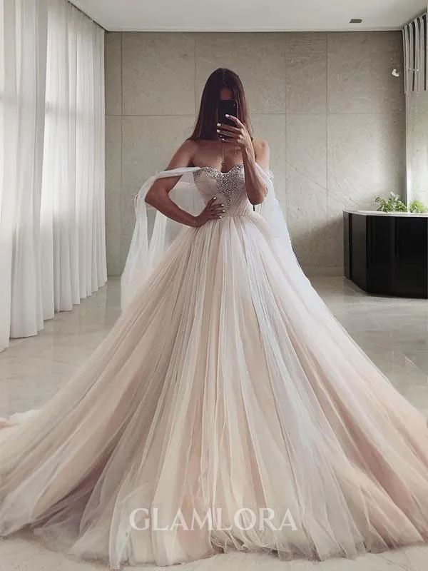 Ball-Gown Princess Sweetheart Enchanting Sleeveless Court Train Tulle Wedding Dress With Beading
